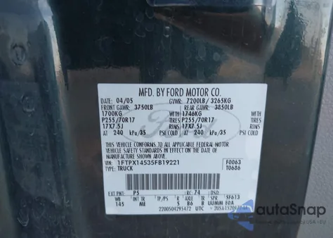 2005 Ford F-150 Fx4/Lariat/Xl/Xlt из США, поврежденный, VIN 1FTPX14535FB19221